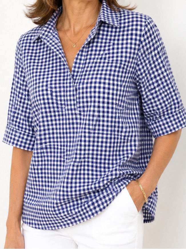 Ann Mashburn Blue White Gingham 100% Cotton Popover Blouse Size Medium